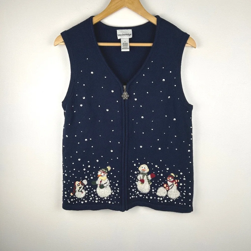 Vintage Breckenridge Navy Blue Snowman‎ Sequin Zip Up Vest Women's Medium